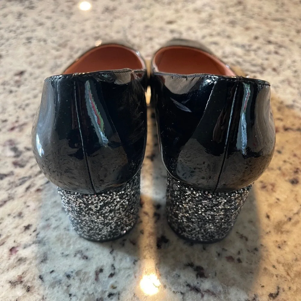 Kate Spade‎ Pumps Womens 8.5 Black Patent Leather Glitter Block Heel Almond Toe